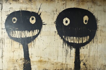 Two abstract black figures with large smiles on an artistic background created with textured brush...