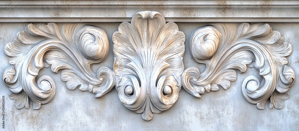 Poster intricate stucco wall design displaying elegant abstract patterns in soft gray tones with ornate cur
