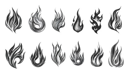 Hand-Drawn Vintage Fire Flames Illustration in Black and White Engraved Style