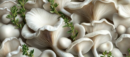 Close-up view of creamy white oyster mushrooms interspersed with fresh green thyme sprigs creating a vibrant and organic feel throughout the image.