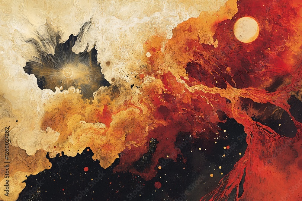 Poster vivid representation of cosmic elements blending in vibrant colors during a celestial event