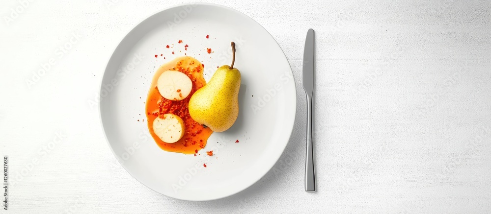 Poster top view of a clean white plate featuring a yellow pear centered on a vibrant red chili paste with s