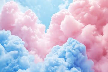 sky is filled with pink and blue clouds. The colors are vibrant and the clouds are fluffy. The sky is a beautiful and peaceful scene