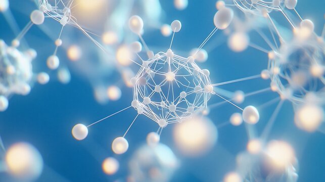 Abstract 3D rendering of interconnected spheres and lines, representing a network or molecular structure.