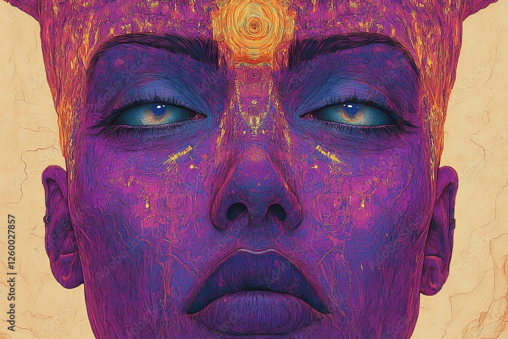 Poster vibrant abstract portrait with intricate patterns and a mystical aura of energy radiating from the f