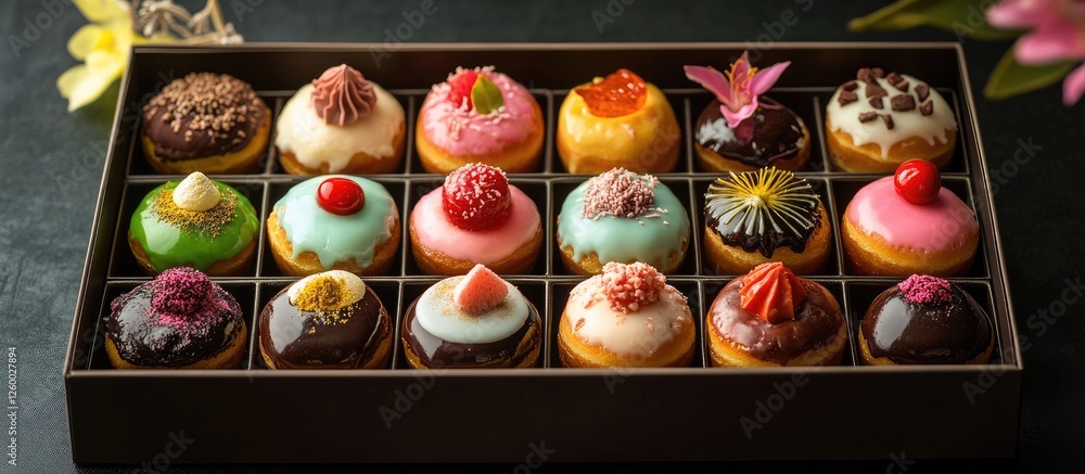 Poster colorful donut assortment in stylish box with varied glazes and toppings arranged in four rows featu