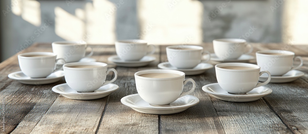 Poster ceramic coffee cups arranged in a circle on a rustic wooden table with soft natural light illuminati