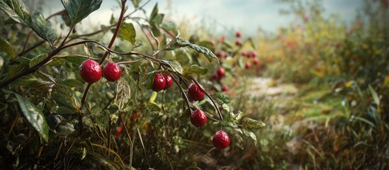 Ornamental sorrel with vibrant red fruit in a lush green field under a cloudy sky, showcasing the transition from greens to fruiting stage.