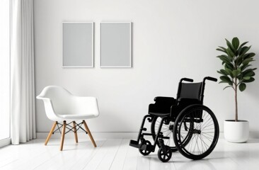 Modern wheelchair positioned in a bright, minimalist room with a plant and empty frames on the wall