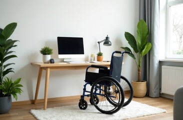Stylish workspace featuring a wheelchair, modern desk, and indoor plants in a well-lit room