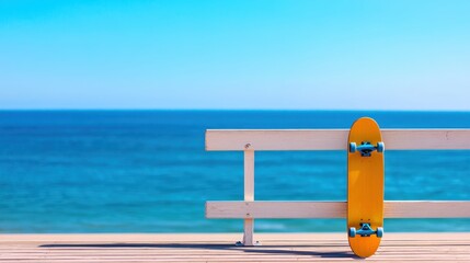Serene Longboard Skateboard by the Ocean on Wooden Boardwalk Railing