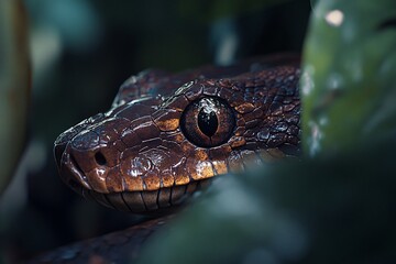 Obraz premium Close-up of a brown snake's head and eye peering from lush green foliage.