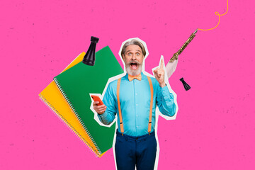 Exclusive art banner collage of excited old man show index finger hold phone notepad supplies chess...