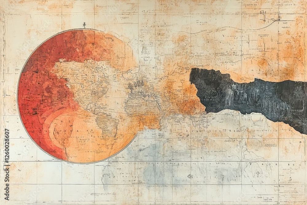 Poster unique artistic representation of a world map blending colors and textures in a contemporary style