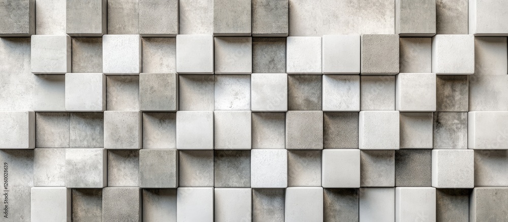 Poster geometric pattern of white and grey cubes arranged in a modern design, casting soft shadows on a tex