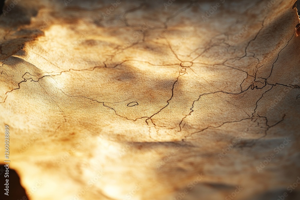 Poster old parchment map illuminated by soft light showcasing intricate details of land and routes