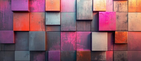 Fototapeta premium Vibrant abstract wall decoration featuring multicolored 3D cubes in shades of pink, orange, gray, and blue arranged in a seamless pattern.