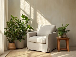 Sunlit living room with armchair, plants, and side table.