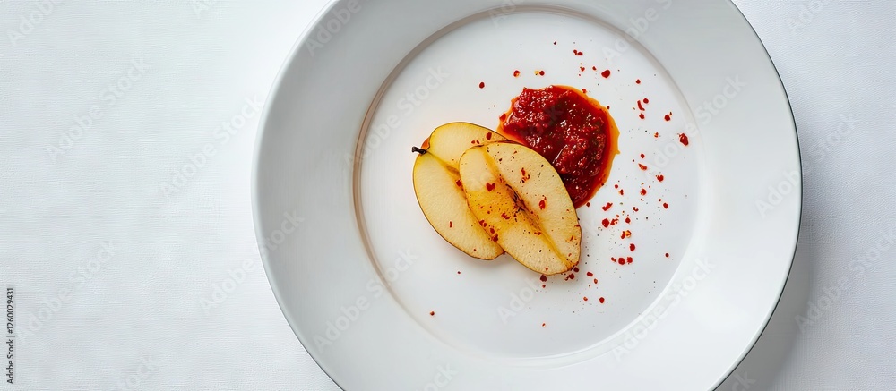 Poster clean white plate featuring sliced pear in the center accompanied by a vibrant red chili paste on th