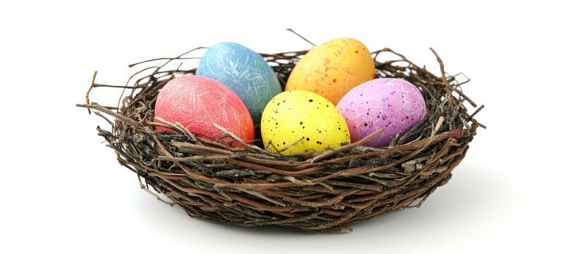 Empty Easter nest made of brown twigs positioned centrally on a bright white surface, evoking a sense of anticipation for colorful eggs. - Powered by Adobe