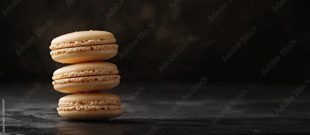 Poster close up of three stacked macarons in light beige color on a dark stone background with ample negati