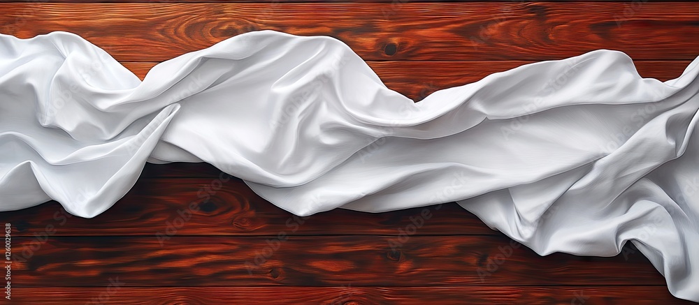 Aufkleber crumpled white sheet draped over smooth dark wooden plank showing intricate horizontal grain pattern