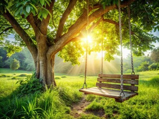 Rustic wooden swing, a picturesque summer portrait against a vibrant green natural backdrop.