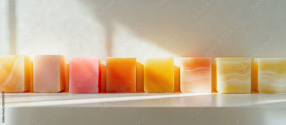 Poster glossy rectangular soap bars in pastel colors lined up neatly on a clean white surface illuminated b