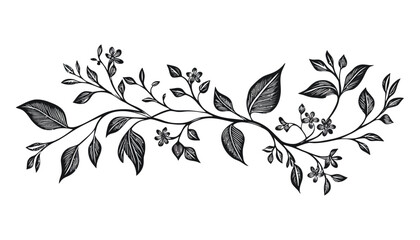 Ornate Botanical Branch with Leaves and Flowers in Hand-Drawn Vintage Style