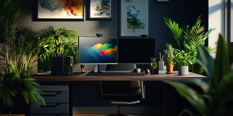 Modern home office with two computer monitors surrounded by lush green plants.