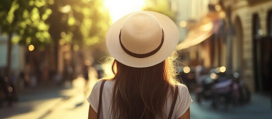 Obraz premium Brunette girl in a white shirt and straw hat seen from behind walking happily on a sunny street with golden sunlight filtering through trees.
