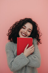 Happy woman hugging favorite book on pink background.