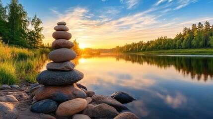 Sunset riverbank serenity; stacked stones, calm water, forest background; meditation, peace