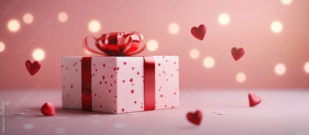 Poster closed gift box adorned with a red ribbon and bow, surrounded by floating red hearts against a soft 