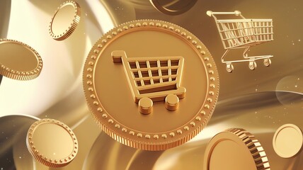 Golden coins with shopping cart symbol design.