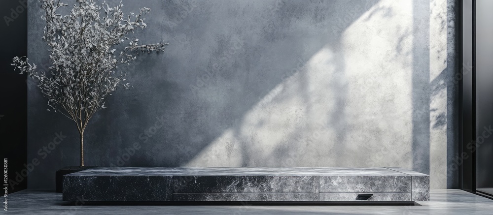 Poster granite podium display with drawers in a serene gray setting featuring soft shadows and a minimalist