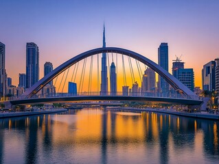 Fototapeta premium Stunning sunrise cityscape with modern architecture reflected in calm water.