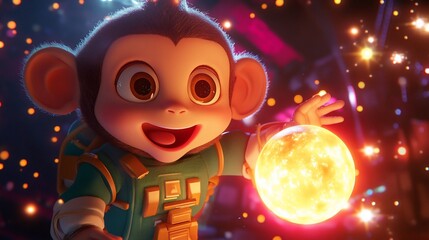 Cute cartoon monkey astronaut holding glowing orb.