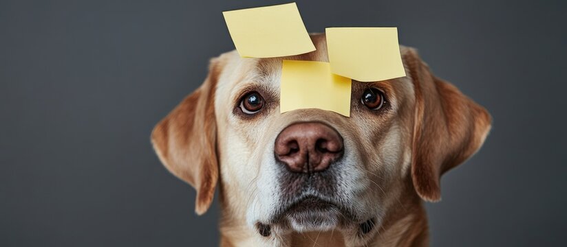Confused Labrador with yellow sticky notes on its snout gazing at the camera against a soft gray backdrop showcasing its perplexity.