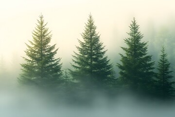 Obraz premium Misty Evergreen Forest Landscape with Morning Sunlight for Nature Wall Art or Poster Design