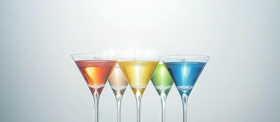Colorful cocktails in five glasses on a light gray background showcasing vibrant hues including red, yellow, green, blue and orange with soft reflections