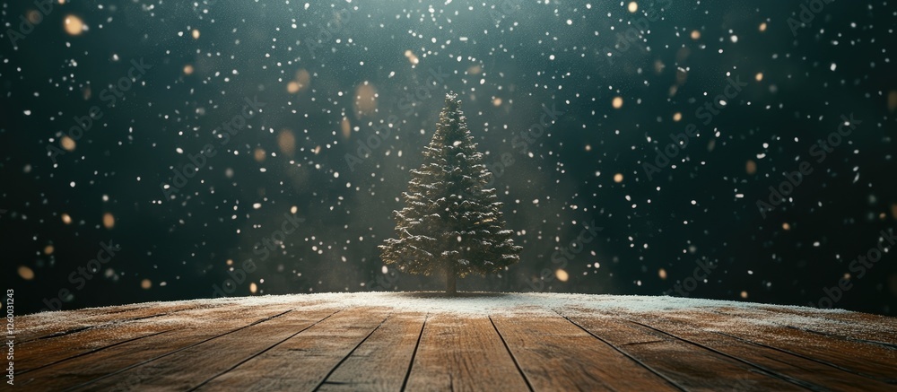 Poster sparse snowflakes dance against a dark backdrop, featuring a christmas tree centered on a rustic woo