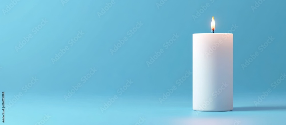 Poster serene burning white candle positioned left against a calming blue backdrop creating negative space 