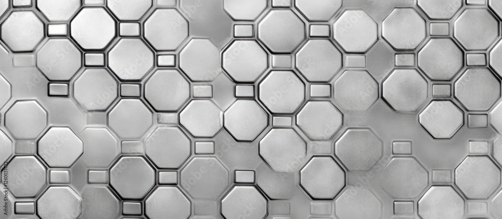 Poster dark grey hexagonal metallic mosaic tile background with varied shades, creating depth and space for