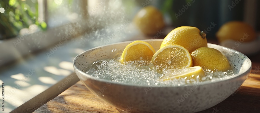 Poster bowl of sparkling water with fresh lemon halves and slices on a wooden table illuminated by sunlight