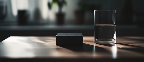 Minimalist kitchen scene featuring a dark tile on a light wooden table beside a transparent glass of water illuminated by soft natural light.