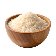 Rice in wooden bowl on transparent background