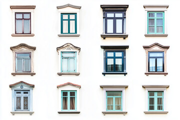 Fototapeta premium Set of building windows isolated on white background, Selective focus varies of outdoor classic window.