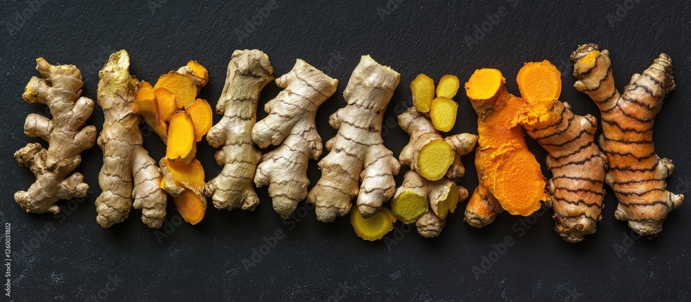 Poster ginger and turmeric roots displayed on a black surface with vibrant orange and yellow slices arrange