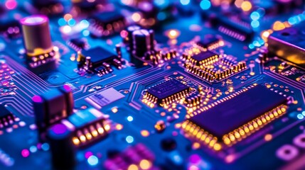 Obraz premium Close-up of a circuit board with microchips and electronic components illuminated in vibrant purple and blue hues.